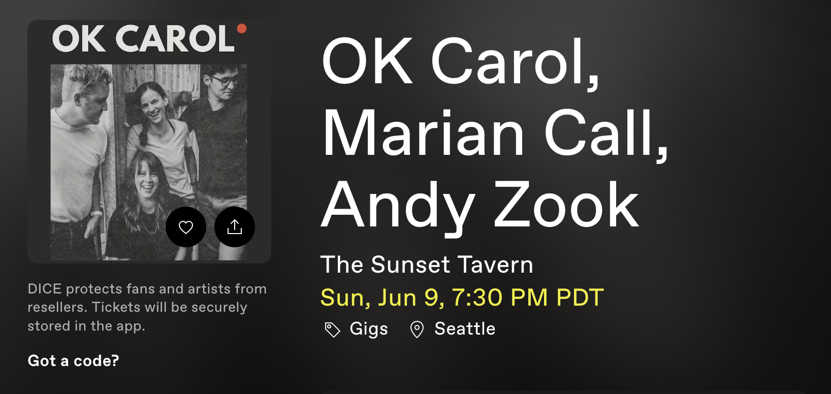 Marian Call opening for OK Carol at the Sunset Tavern in Seattle, Sunday June 8th, 2024, 7:30pm